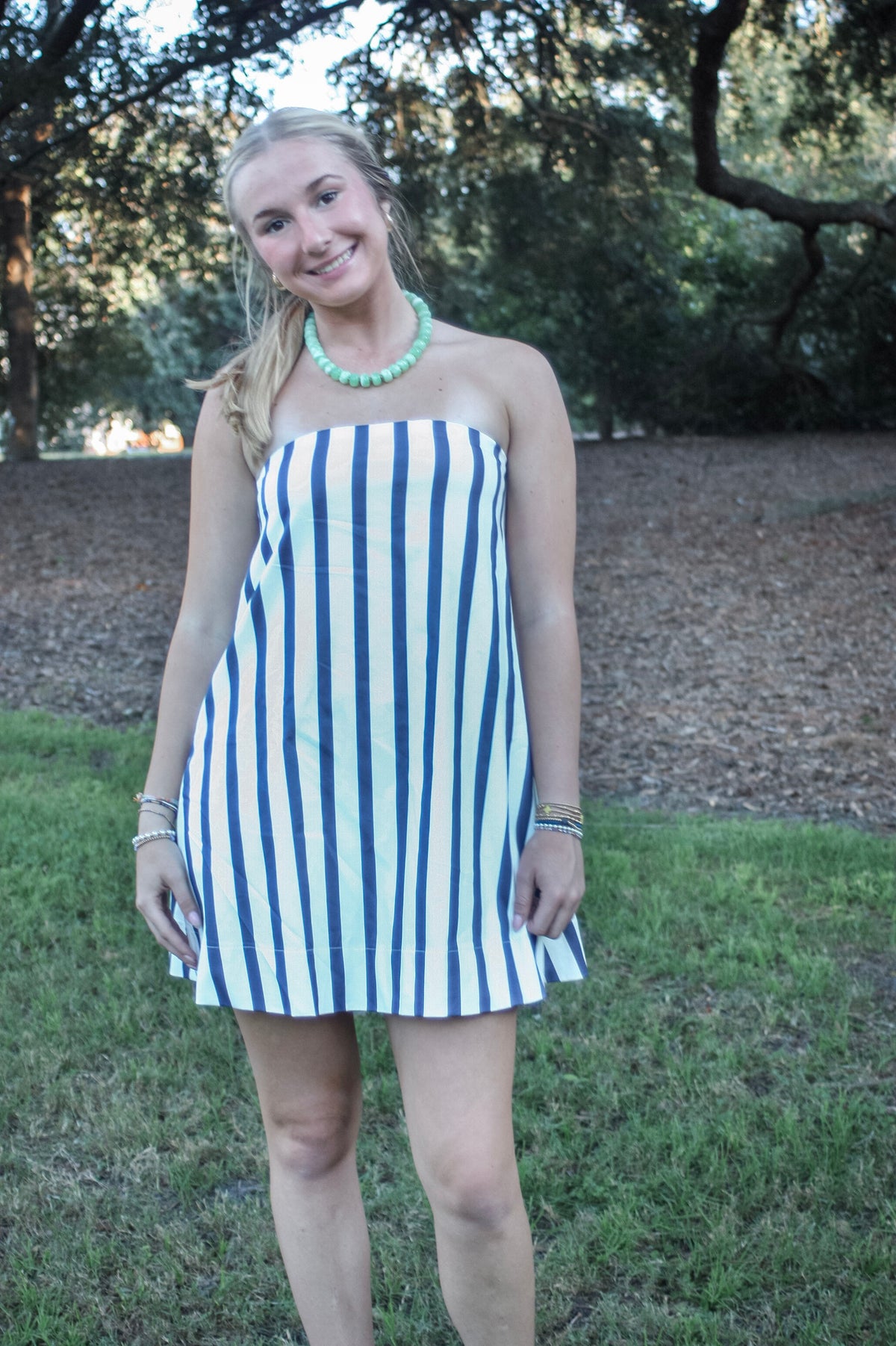 Caroline Striped Strapless Mini Dress