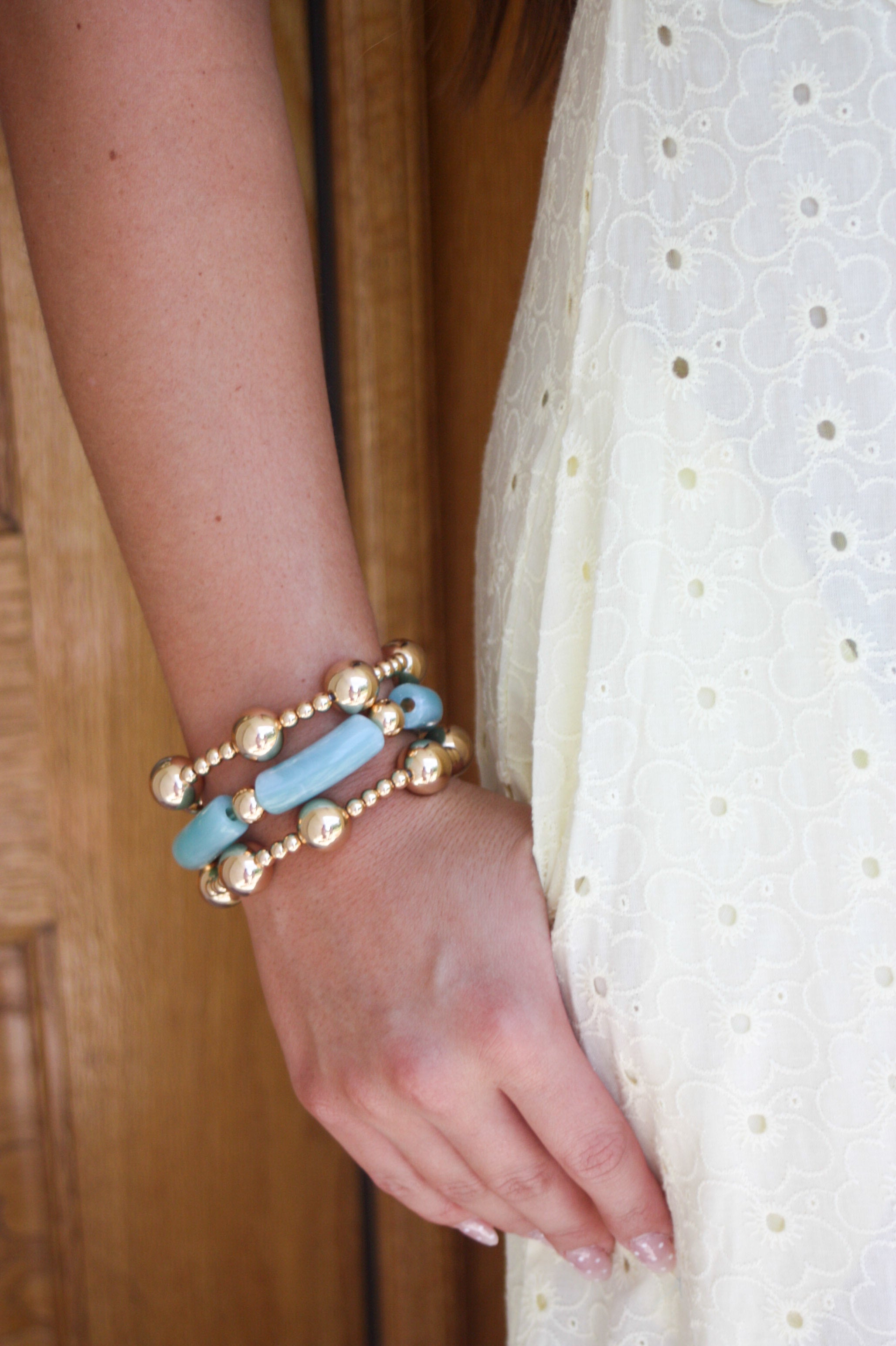 Set of 3 14MM Gold Beaded and Mint Acrylic Tube Stretch Bracelets