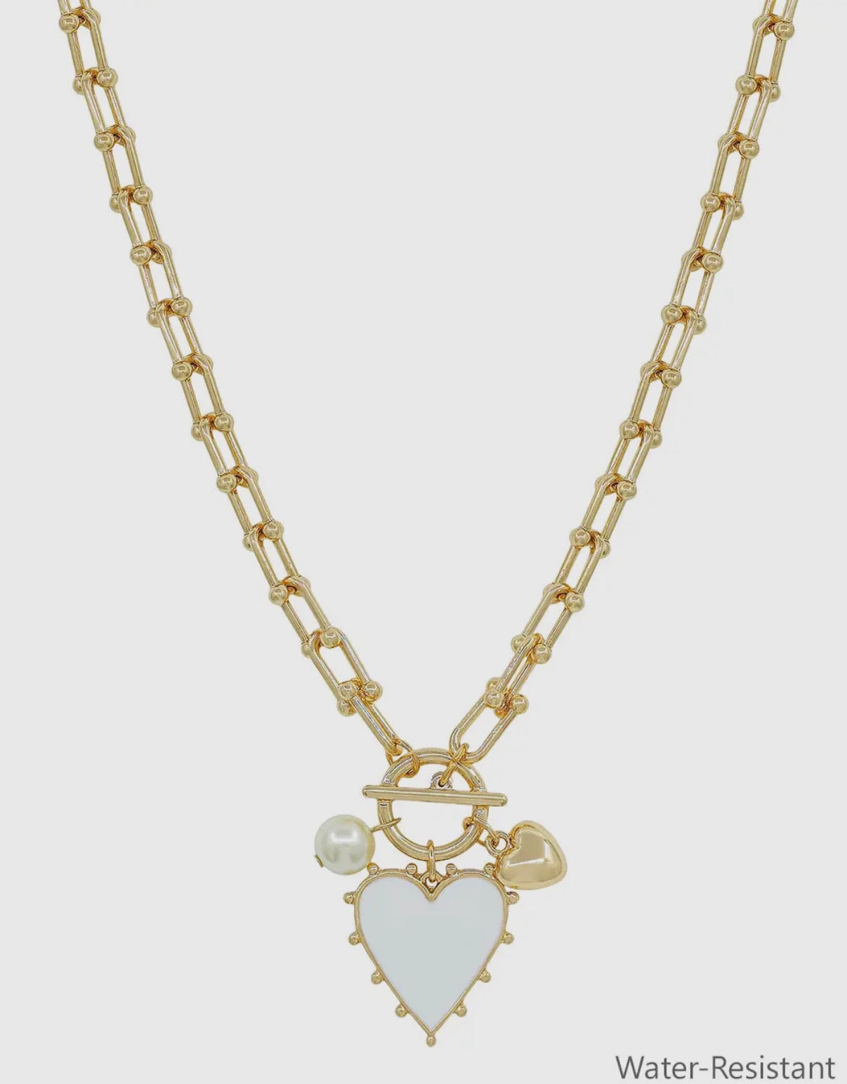 Gold Chain Necklace with White Studded Heart Charm 16"-18" Necklace