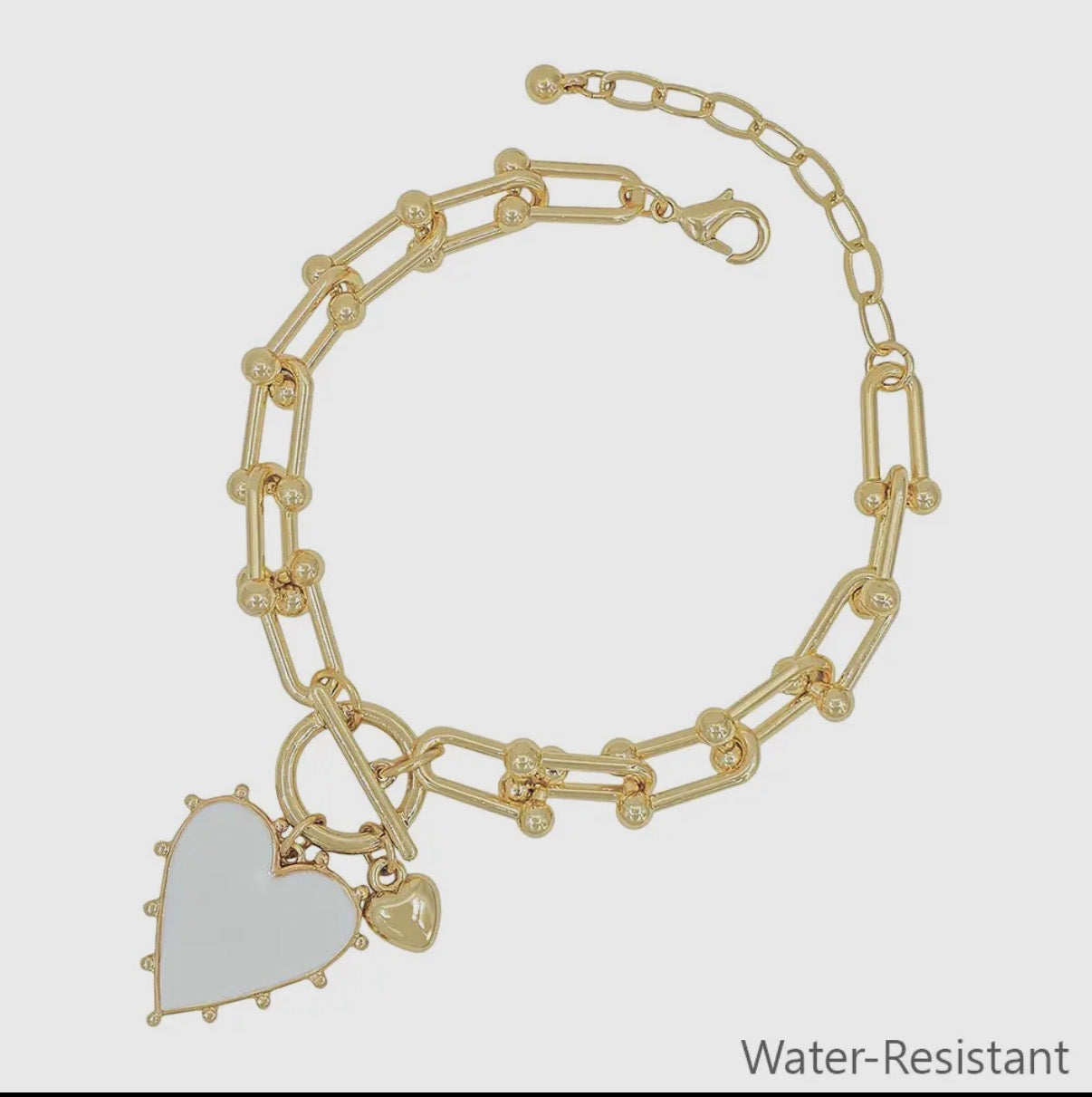 Gold Chain with White Studded Heart Charm Bracelet