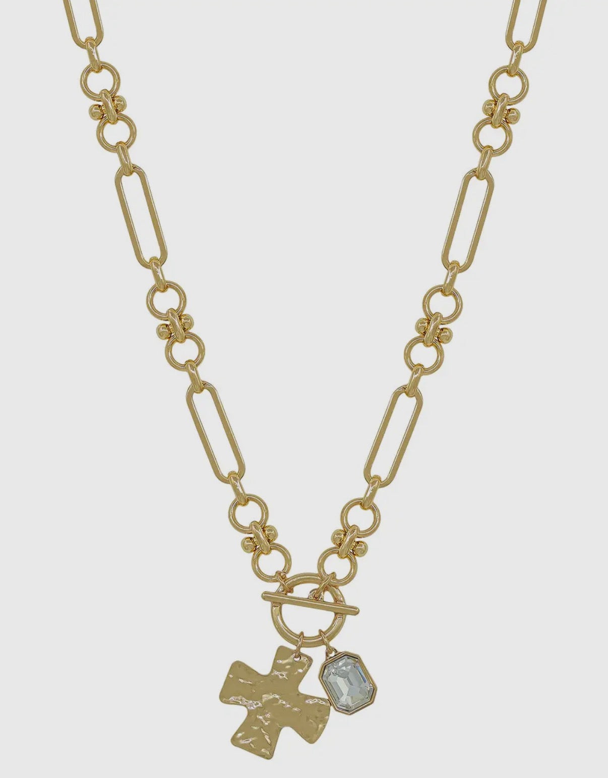Gold Open Chain with Hammered Cross and Rhinestone 16"-18" Necklace