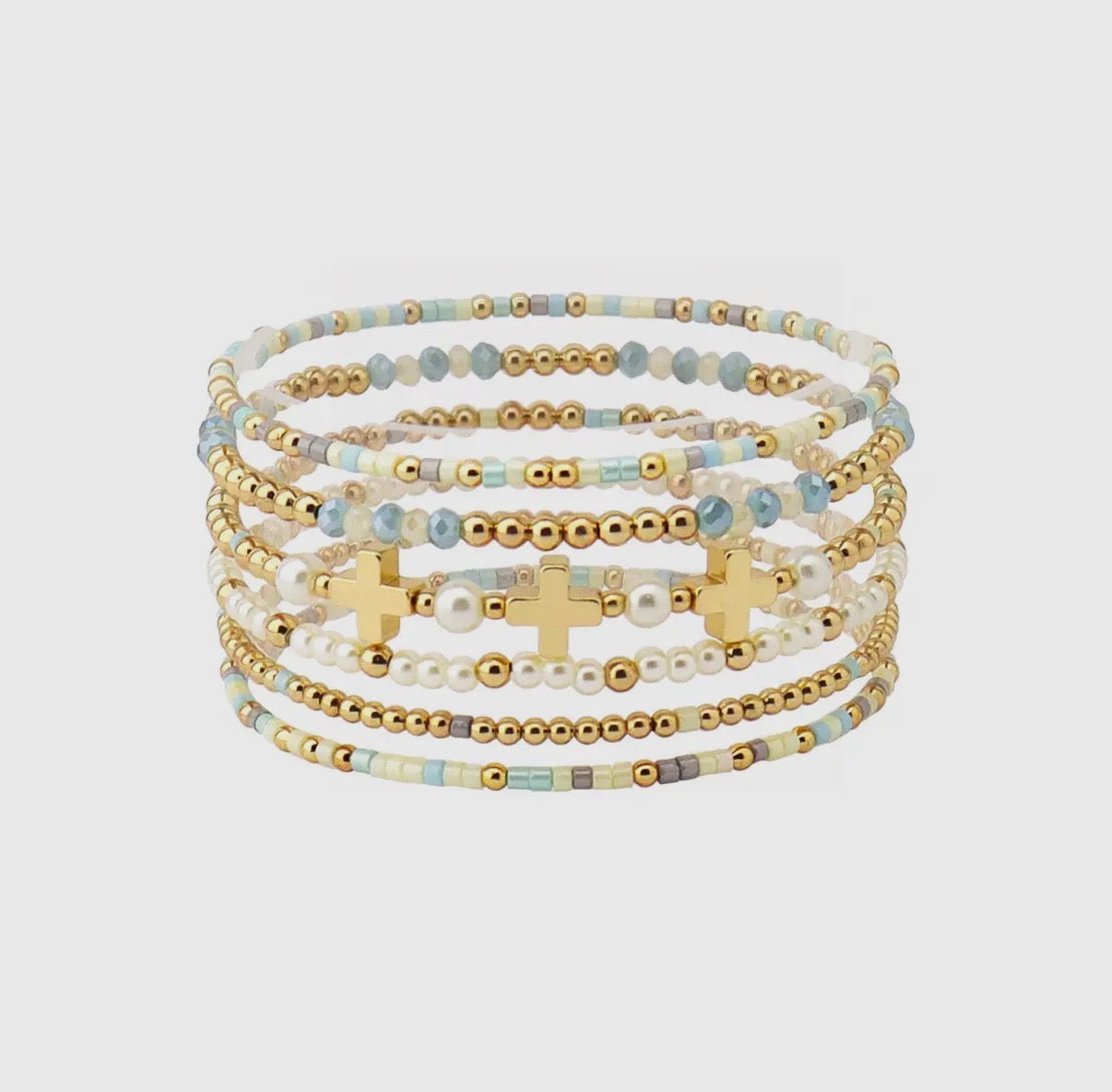 Set of 5 Gold Beaded with Turquoise and Gold Cross Stretch Bracelets