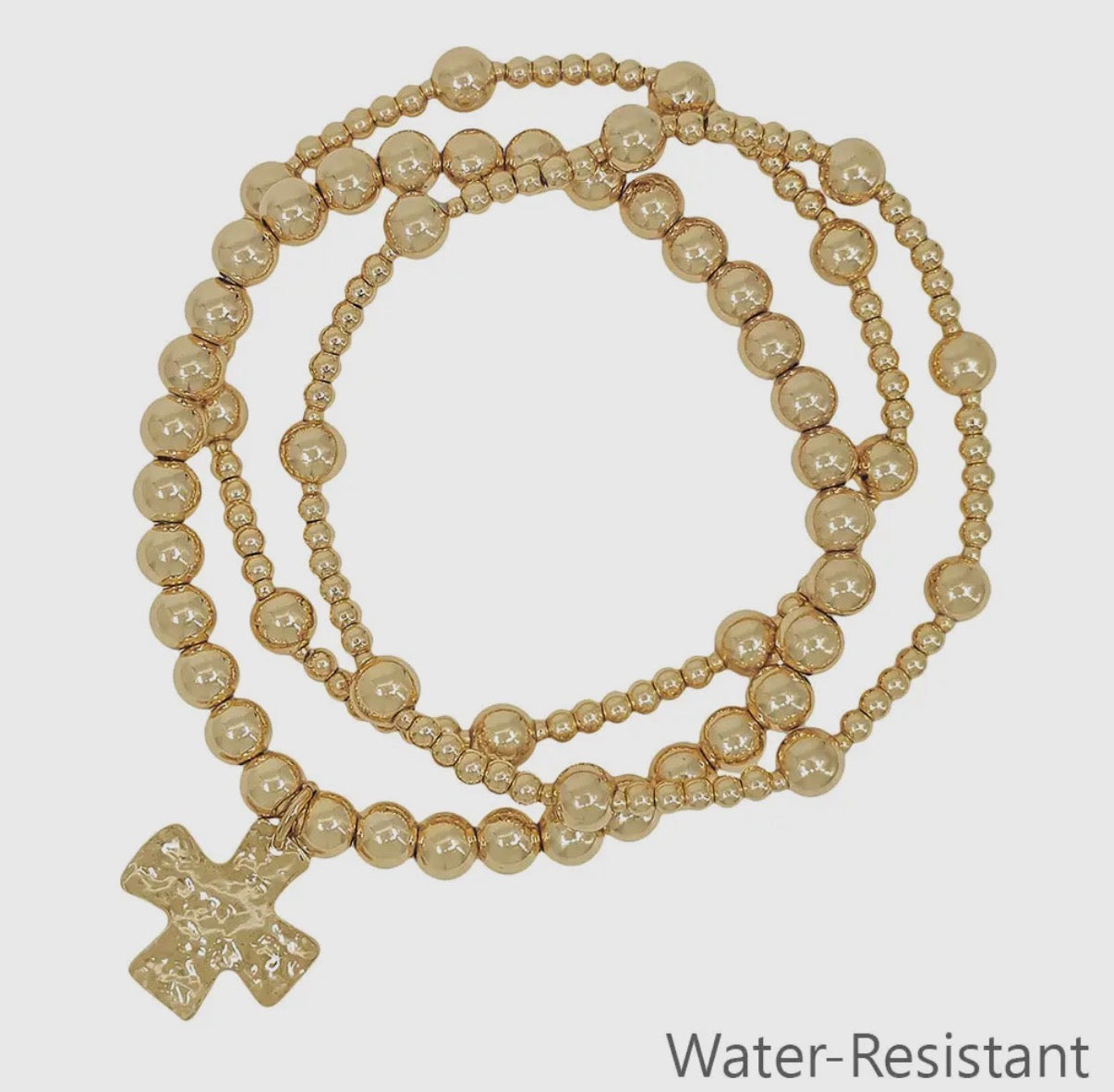 Set of 3 Gold Beaded with Hammered Cross Stretch Bracelets