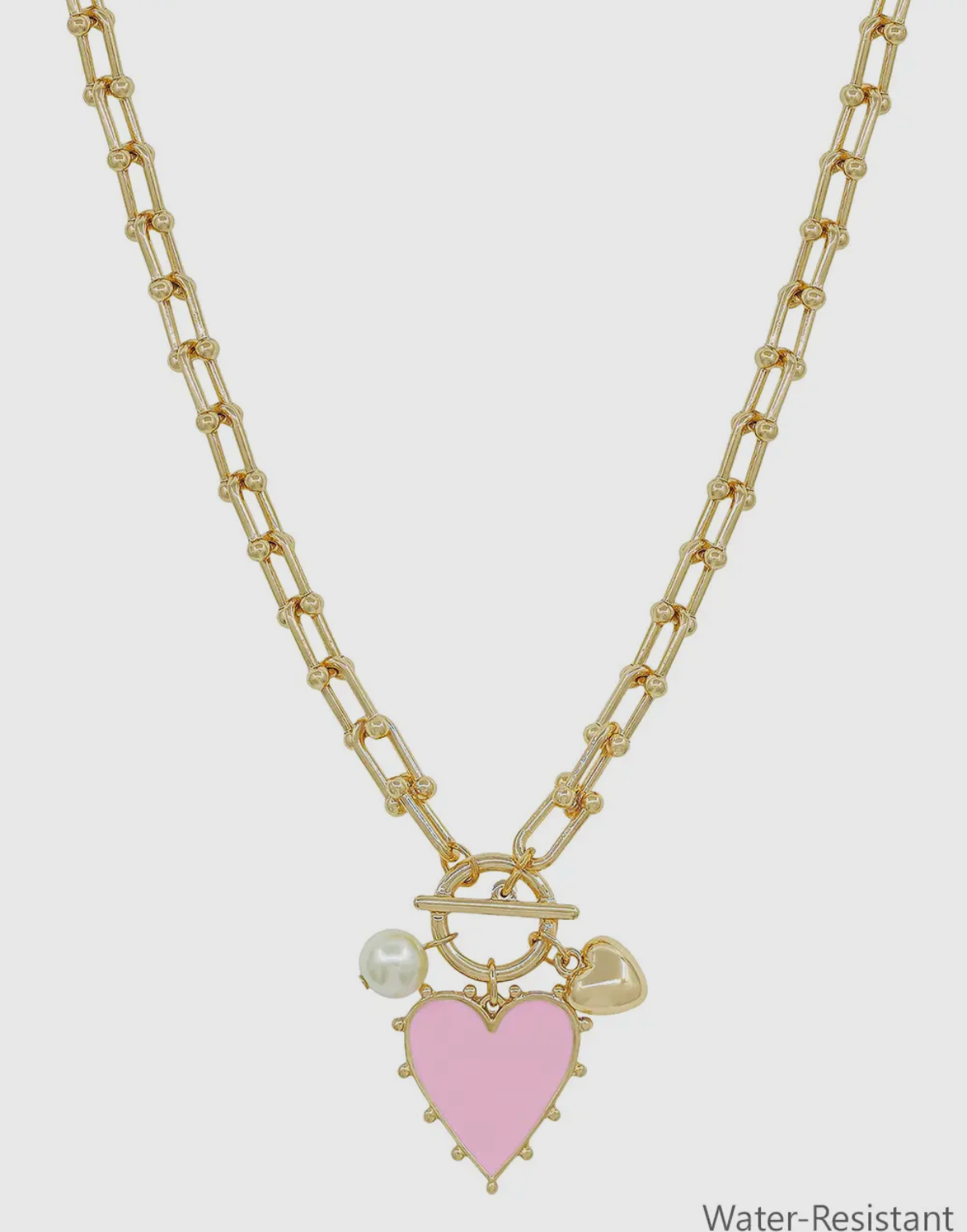 Gold Chain Necklace with Pink Studded Heart Charm 16"-18" Necklace